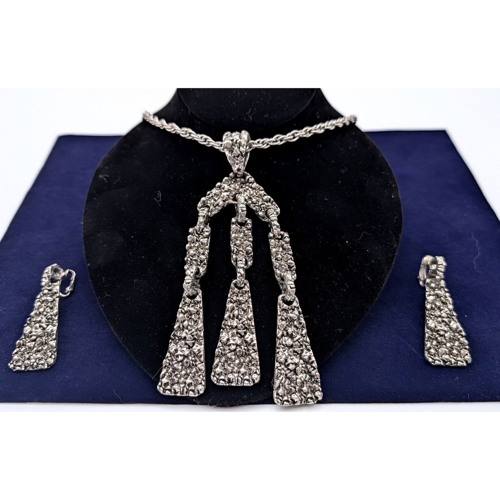 Vintage Silver Tone Brutalist Chandelier Necklace & Clip Earring Set Modernist